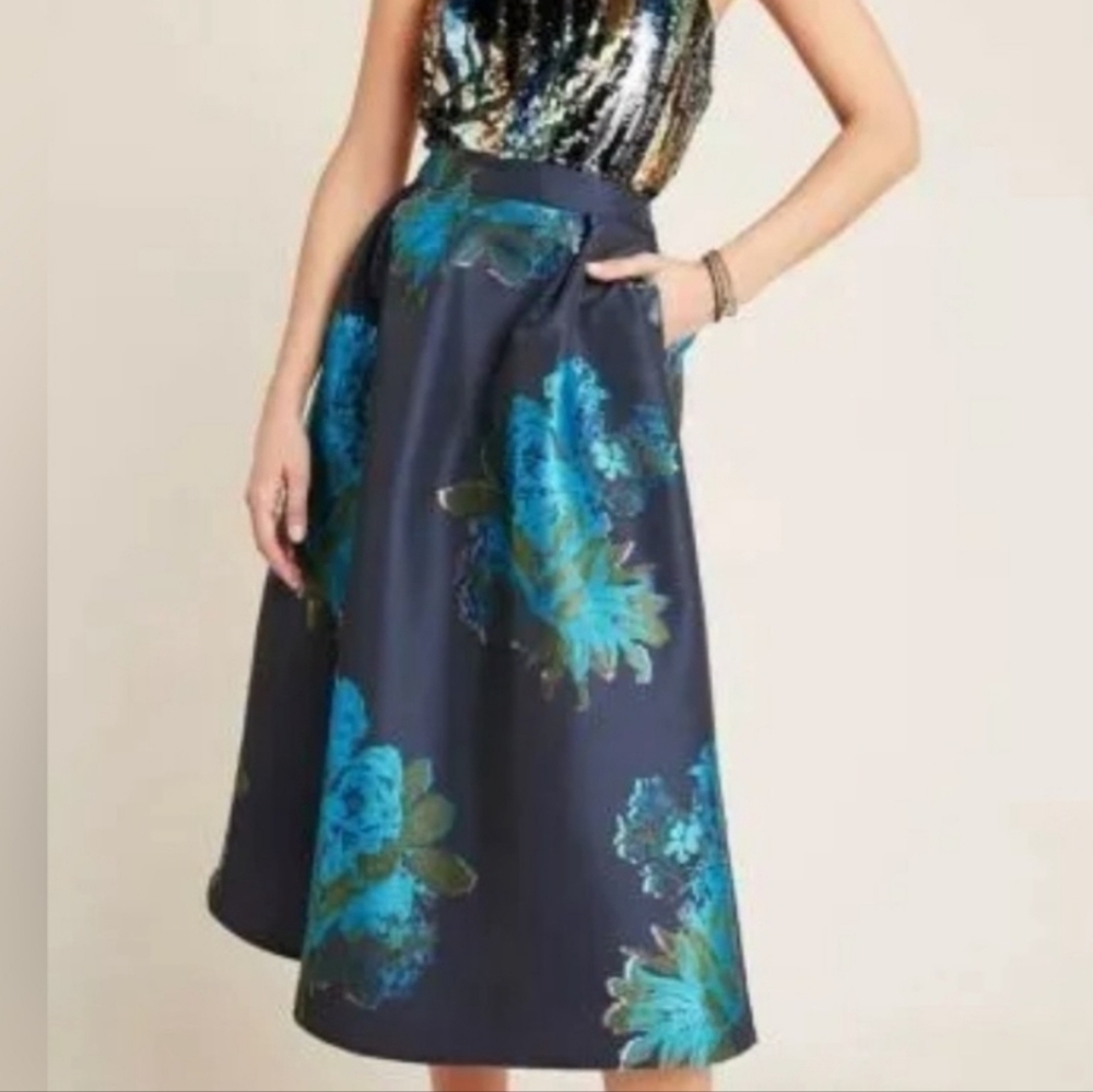 Anthropologie Midi Floral Embroidered Blue Skirt